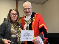 Annual Award winner Laura Dumitrasc receives Woodman Challenge Cup for highest points in dahlias.